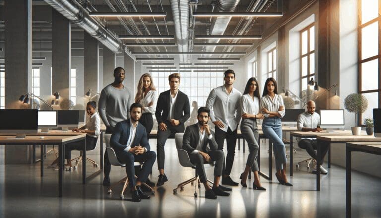 Fotografía editorial de emprendedores colaborando en un moderno espacio de coworking, tecnología visible en el ambiente.