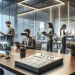 Oficina moderna con personas colaborando frente a pantallas digitales y elementos de realidad extendida.