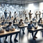 Sala de clase moderna con estudiantes interactuando con dispositivos inteligentes sin pantallas, ambiente luminoso y tecnológico
