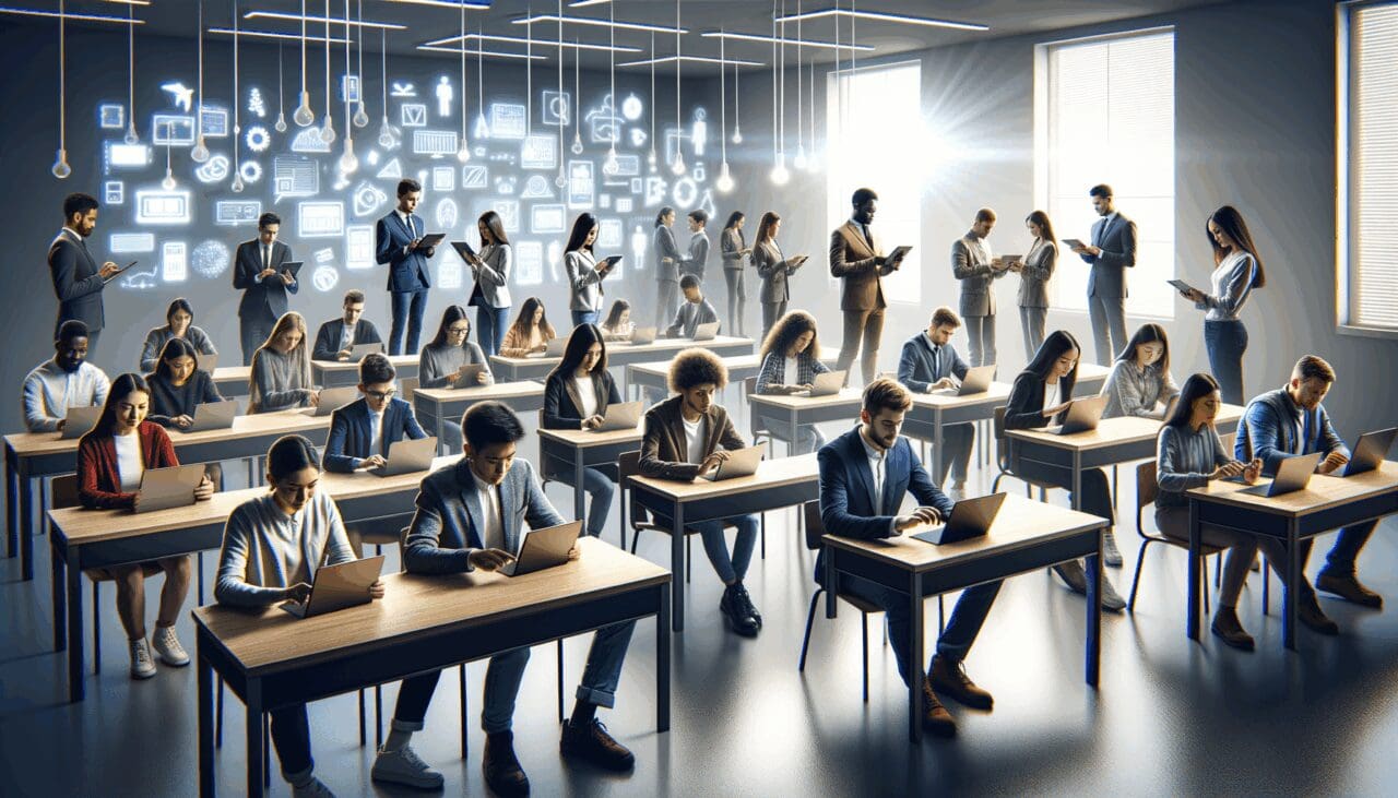 Sala de clase moderna con estudiantes interactuando con dispositivos inteligentes sin pantallas, ambiente luminoso y tecnológico