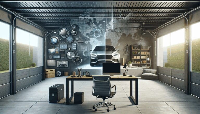 Ambiente interior de un garaje moderno transformado en espacio habitable, con detalles tecnológicos y escritorio de trabajo.