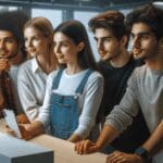 Equipo multicultural de jóvenes emprendedores observando una demostración tecnológica en un espacio de coworking luminoso.