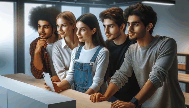 Equipo multicultural de jóvenes emprendedores observando una demostración tecnológica en un espacio de coworking luminoso.