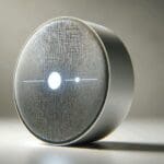 Primer plano de un asistente de voz inteligente y dinámico en un entorno minimalista y moderno.