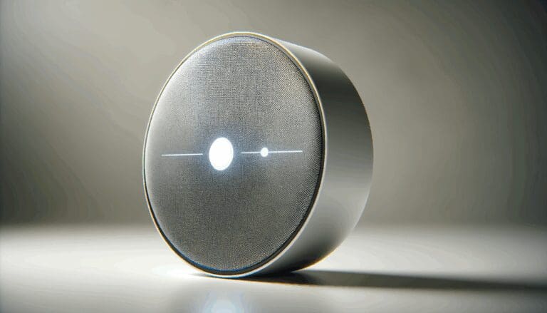 Primer plano de un asistente de voz inteligente y dinámico en un entorno minimalista y moderno.