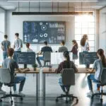 Sala moderna de startups con jóvenes programadores colaborando frente a pantallas y gráficos de datos.