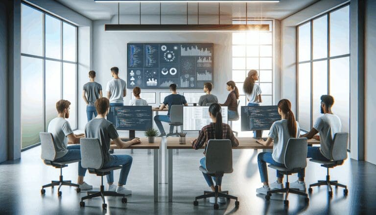 Sala moderna de startups con jóvenes programadores colaborando frente a pantallas y gráficos de datos.