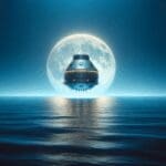 Ilustración minimalista de una cápsula espacial flotando en el océano bajo un cielo azul profundo, estilo editorial.