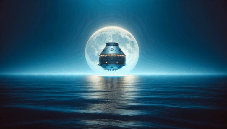 Ilustración minimalista de una cápsula espacial flotando en el océano bajo un cielo azul profundo, estilo editorial.