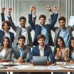 Grupo de jóvenes emprendedores en una sala de reuniones moderna, con laptops y pizarras, celebrando buenas noticias de inversión.