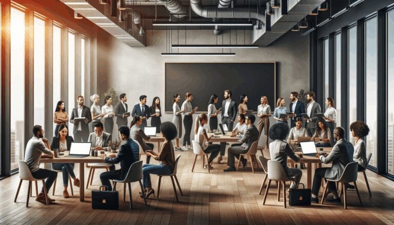 Grupo diverso de emprendedores colaborando en un espacio de coworking moderno con pizarras digitales y laptops.
