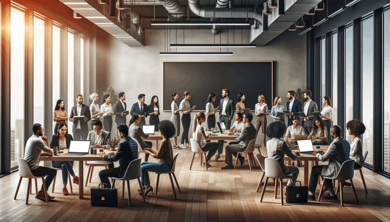 Grupo diverso de emprendedores colaborando en un espacio de coworking moderno con pizarras digitales y laptops.