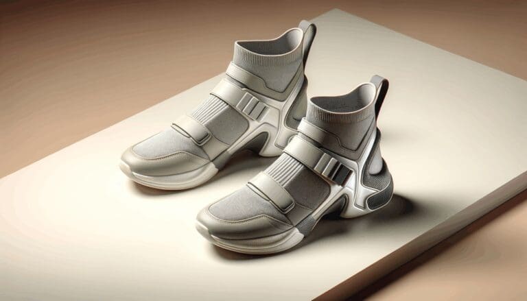 Primer plano de zapatos ergonómicos modernos sobre fondo neutro con iluminación suave