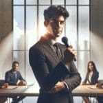 Retrato de un emprendedor joven presentando una innovadora idea ante un panel en un entorno tecnológico moderno.