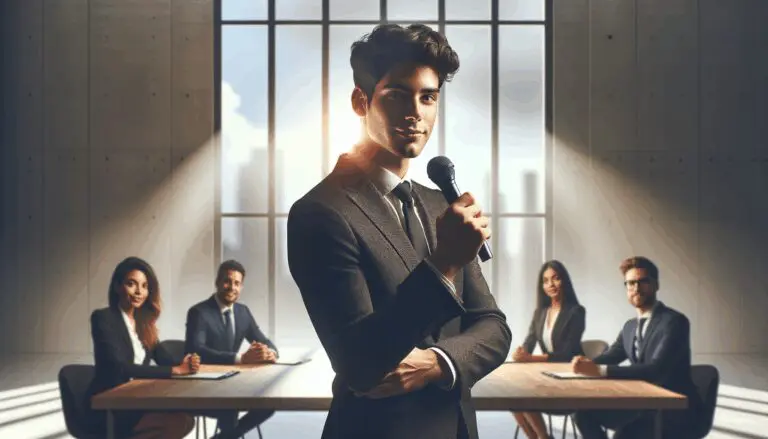 Retrato de un emprendedor joven presentando una innovadora idea ante un panel en un entorno tecnológico moderno.