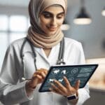 Primer plano de un veterinario usando una tablet con gráficos y datos sobre mascotas en una clínica moderna.