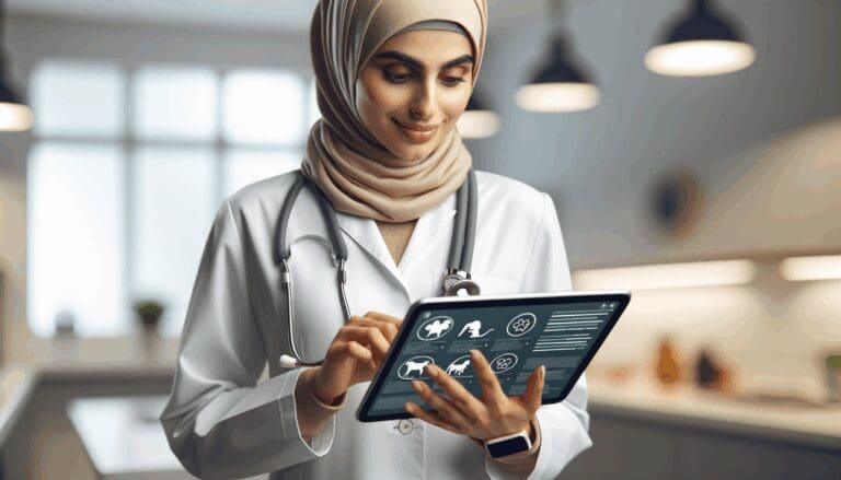 Primer plano de un veterinario usando una tablet con gráficos y datos sobre mascotas en una clínica moderna.