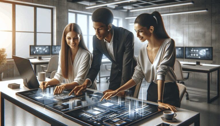 Representación de jóvenes emprendedores colaborando en un espacio moderno con ambiente tecnológico.
