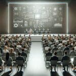 Personas en un auditorio moderno observando la presentación de avances tecnológicos.