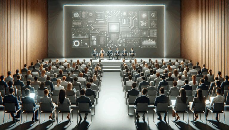 Personas en un auditorio moderno observando la presentación de avances tecnológicos.