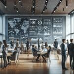 Interior moderno de un coworking tecnológico con emprendedores reunidos y pantallas digitales mostrando datos.