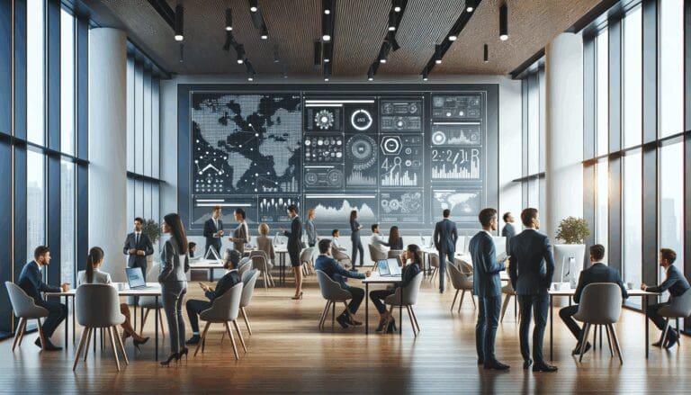 Interior moderno de un coworking tecnológico con emprendedores reunidos y pantallas digitales mostrando datos.