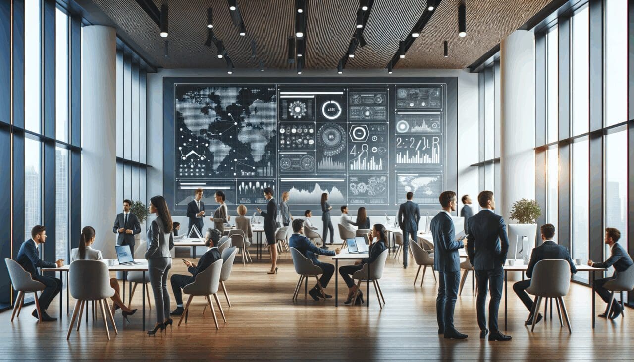 Interior moderno de un coworking tecnológico con emprendedores reunidos y pantallas digitales mostrando datos.