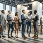 Personas dialogando frente a stands modernos en un centro de convenciones luminoso, ambiente de networking.