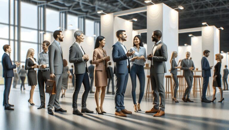 Personas dialogando frente a stands modernos en un centro de convenciones luminoso, ambiente de networking.