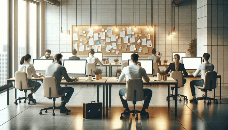 Emprendedores trabajando en un espacio de coworking moderno rodeados de computadoras y pizarras.