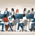 Ilustración moderna de emprendedores colaborando frente a computadoras, destacando inclusión y accesibilidad.