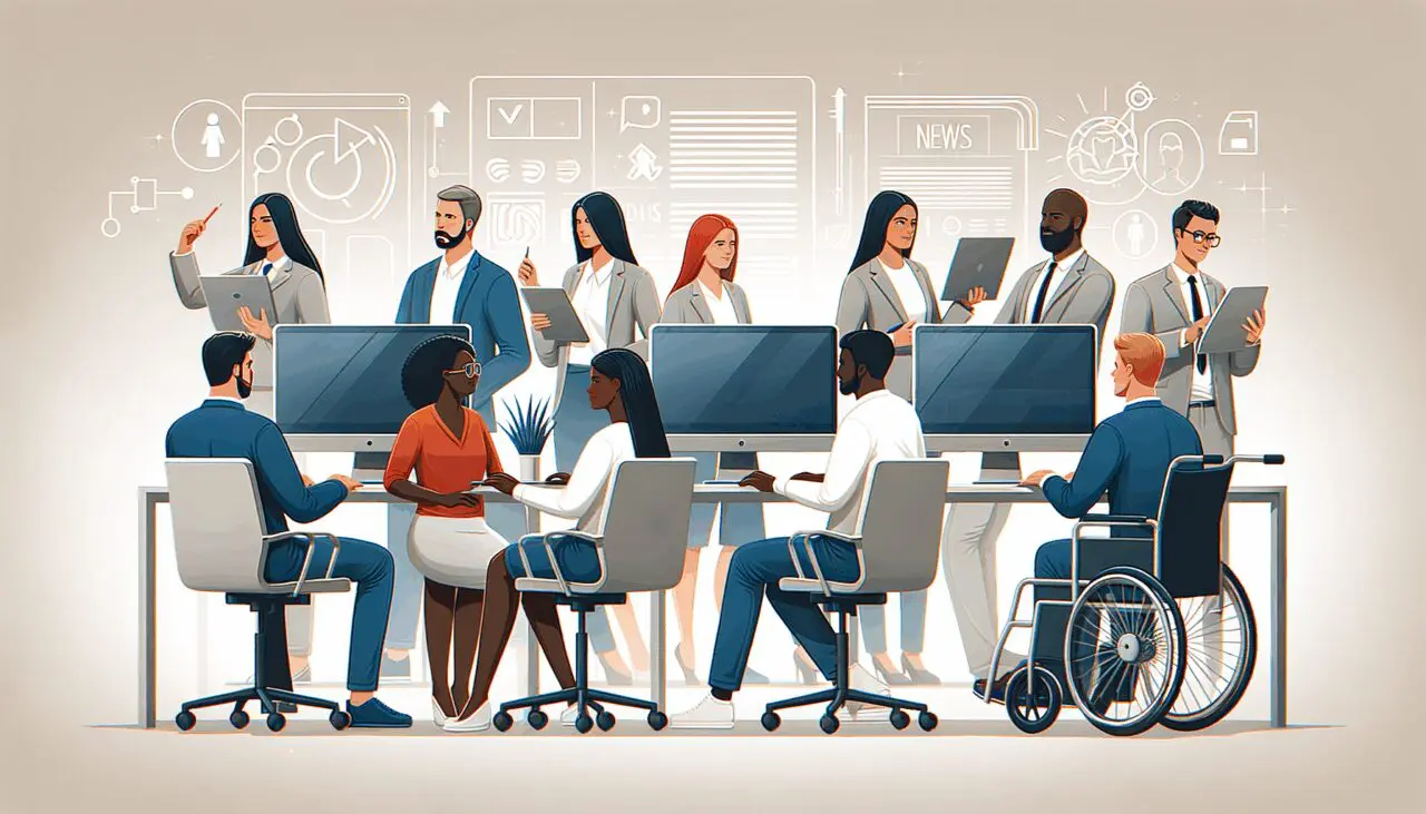 Ilustración moderna de emprendedores colaborando frente a computadoras, destacando inclusión y accesibilidad.