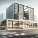 Fachada moderna de un hospital en un entorno urbano asiático, con luz natural y arquitectura tecnológica.