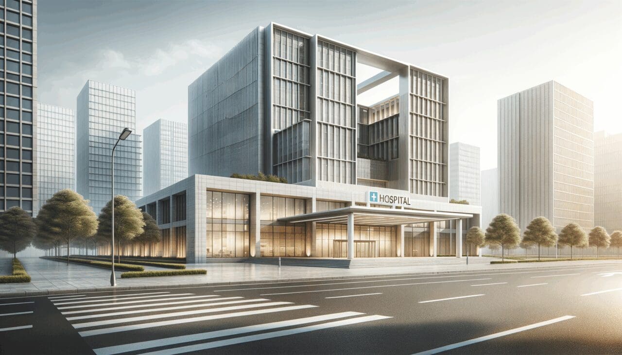 Fachada moderna de un hospital en un entorno urbano asiático, con luz natural y arquitectura tecnológica.