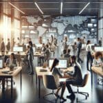 Oficinas modernas llenas de jóvenes profesionales usando laptops y dispositivos móviles, rodeados de pantallas digitales en un ambiente colaborativo.