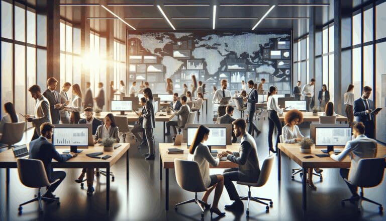 Oficinas modernas llenas de jóvenes profesionales usando laptops y dispositivos móviles, rodeados de pantallas digitales en un ambiente colaborativo.