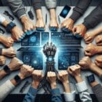 Manos diversas unidas sobre una mesa de trabajo con computadoras y dispositivos tecnológicos.