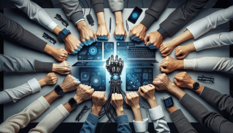 Manos diversas unidas sobre una mesa de trabajo con computadoras y dispositivos tecnológicos.