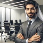 Retrato corporativo de un emprendedor tecnológico en una sala de reuniones moderna.