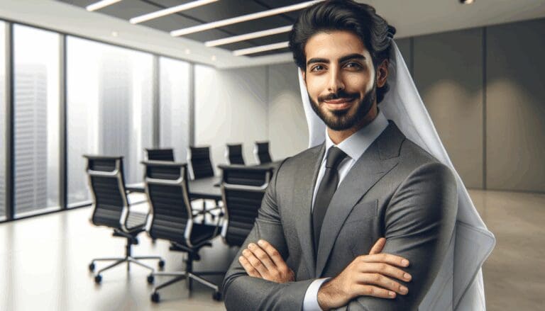 Retrato corporativo de un emprendedor tecnológico en una sala de reuniones moderna.