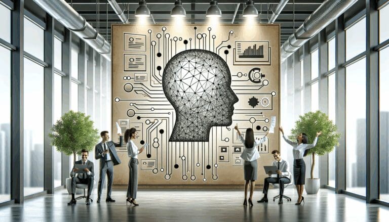 Ilustración abstracta de inteligencia artificial conectando piezas de código en un entorno de startup moderno.