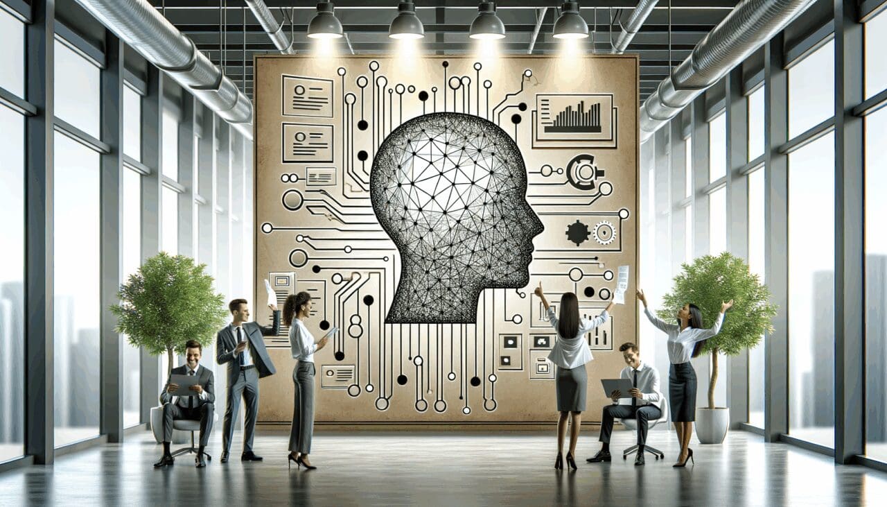 Ilustración abstracta de inteligencia artificial conectando piezas de código en un entorno de startup moderno.