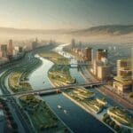 Toma urbana de Querétaro al atardecer con ríos, zonas verdes y presencia de infraestructura moderna.