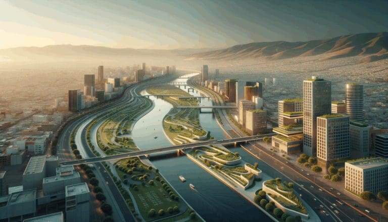 Toma urbana de Querétaro al atardecer con ríos, zonas verdes y presencia de infraestructura moderna.