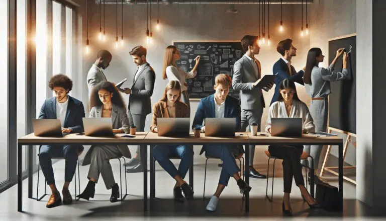 Grupo de jóvenes emprendedores trabajando en un espacio de coworking moderno con laptops y pizarras digitales.