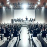 Auditorio moderno con emprendedores presentando sus proyectos en un evento de tecnología