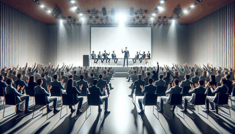 Auditorio moderno con emprendedores presentando sus proyectos en un evento de tecnología