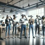 Equipo de emprendedores probando dispositivos de realidad extendida en un espacio de coworking moderno