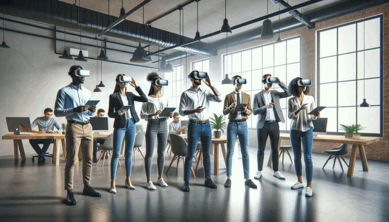 Equipo de emprendedores probando dispositivos de realidad extendida en un espacio de coworking moderno