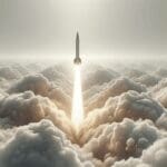 Misil hipersónico despegando entre nubes, fondo tecnológico y ambiente futurista.